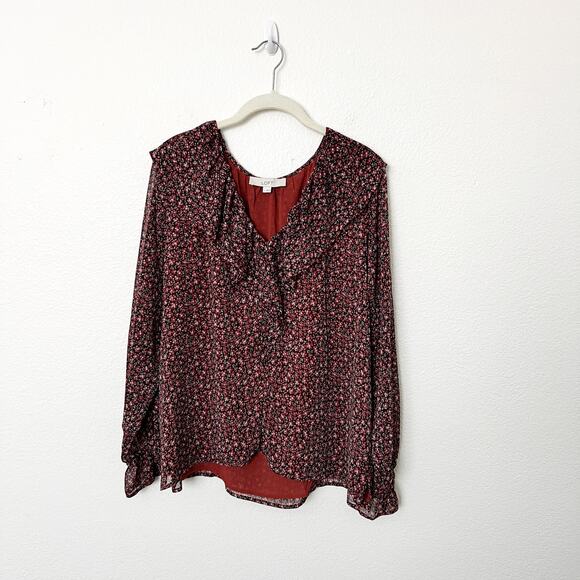 [LOFT] Red Black Floral Print Ruffle Neck Long Sleeve V-Neck Blouse Size Large L - Picture 1 of 11